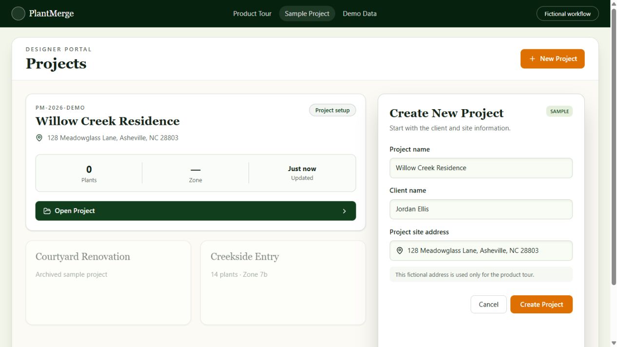 Create a project around the site. Name the project, add the client, and save a fictional address so every later decision stays connected.